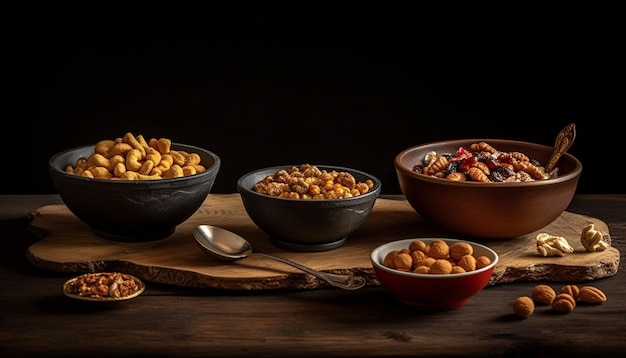 Organic fruit bowl on wooden table a healthy autumn snack generated by artificial intelligence