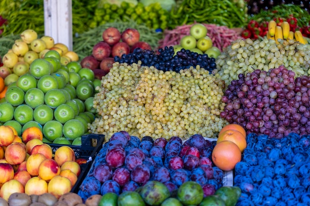 Organic fruits at the farmers market in Bodrum, Turkey. Fresh fruits for sale in a street market