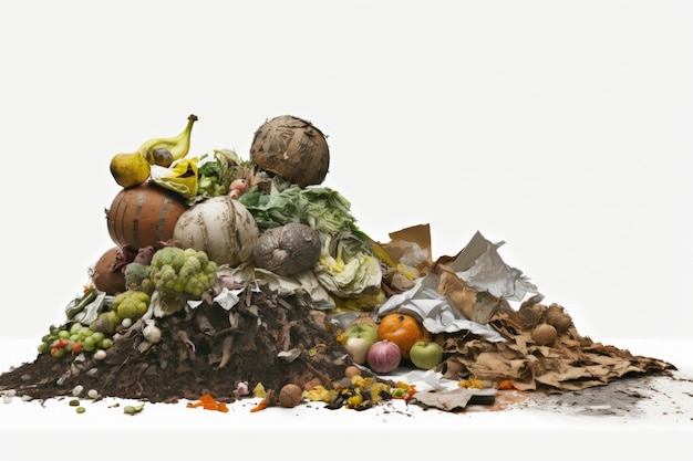 Organic garbage piled up for composting against white background