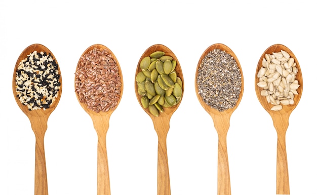 Organic grains seeds in wooden spoon, Chia seed, Sesame,Flax isolated on white background