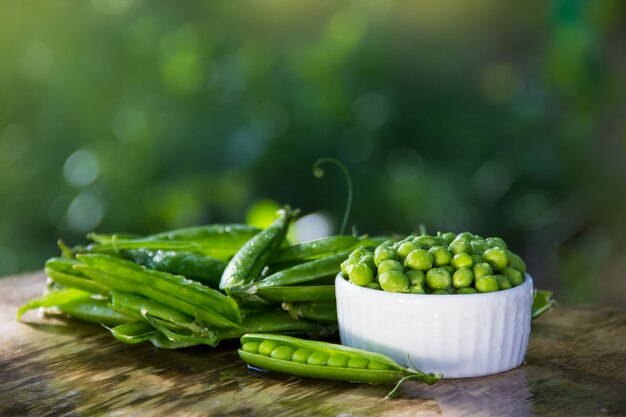 Organic Green Peas in a white bowl on a natural green background