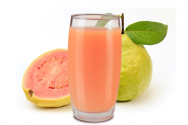 Organic guava juice in glass cup isolated on white 