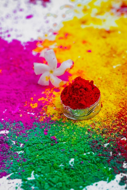 Organic Gulal colors in silver bowl for Holi festival