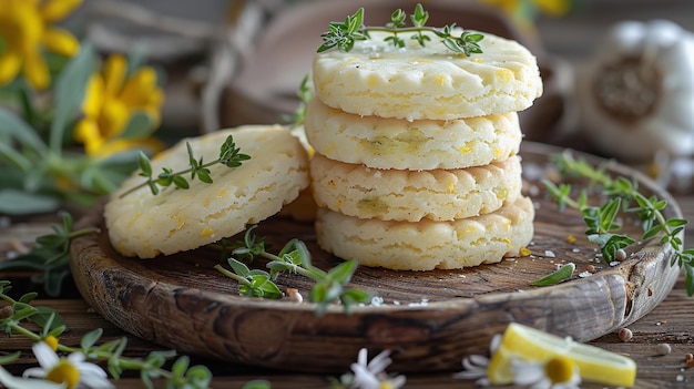 An organic handmade lemon biscuits kept on a plate with a rusty wooden surface and lemon kept as a part of decoration with space for text Generative AI