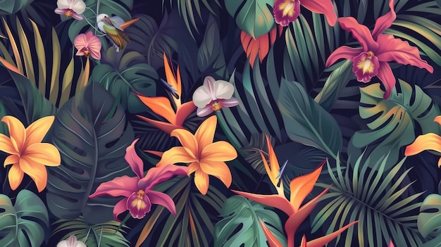 Photo an organic hawaiian wallpaper illustration with tropical flowers palm leaves jungle leaves orchids bird of paradise flowers an exotic floral seamless modern pattern background