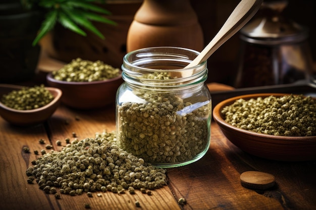 Organic hemp seeds overflow from glass jar on wooden table with spoon