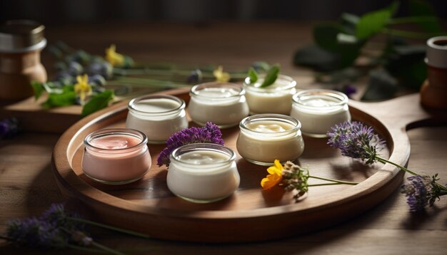 Organic herb cream in rustic wooden jar generated by AI