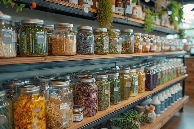 Organic herbs and spices on a shelf in a modern kitchen