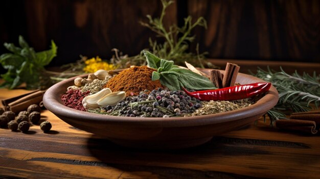 organic herbs and spices in wooden bowl