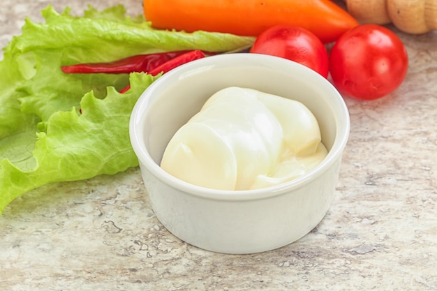Organic homemade mayonnaise sauce in the bowl
