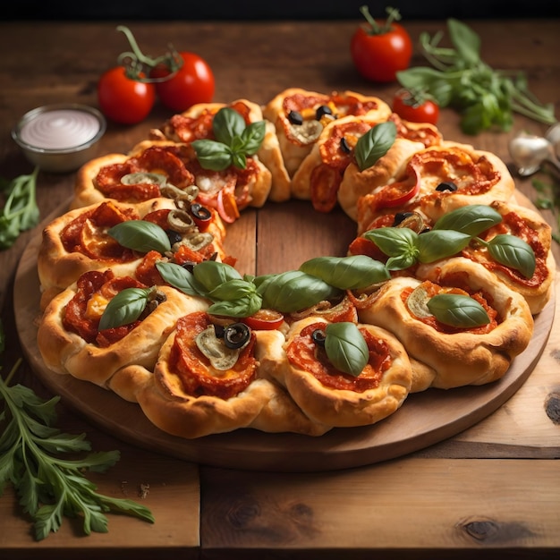 Organic Homemade PullApart Pizza Ring on wooden table