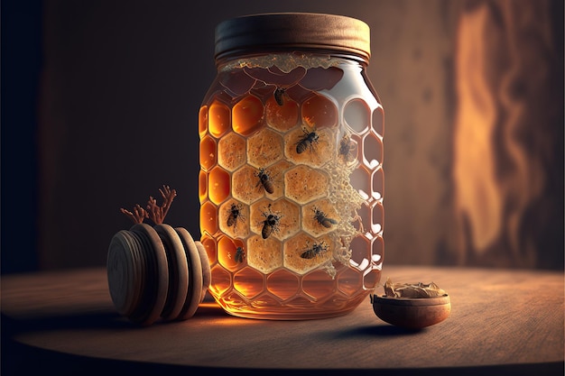 organic honey with honeycomb in glass jar ,Generative AI