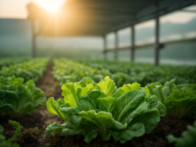 Organic hydroponic vegetable farm in the morning stock photo