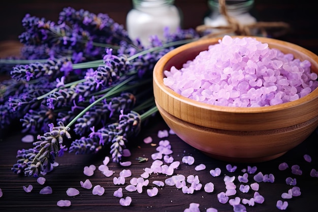 Organic lavender SPA cosmetics displayed with bath salt spa products and lavender flowers on a woode