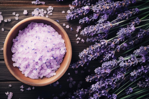 Organic lavender SPA cosmetics on wooden background promoting skin care and beauty treatment
