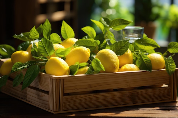 Organic lemons in a wooden box Generative AI