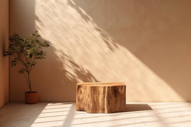 Organic Log Wood Podium Tropical Tree's Sunlit Presence Amidst Leaf Shadows Generated Ai