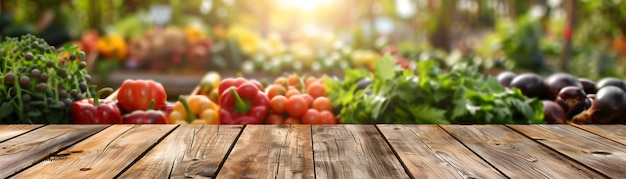 Фото Органическая атмосфера магазина с пустым деревянным пьедесталом на размытом фоне разнообразных овощей и фруктов, обеспечивающая платформу для продвижения здоровых и вегетарианских продуктов