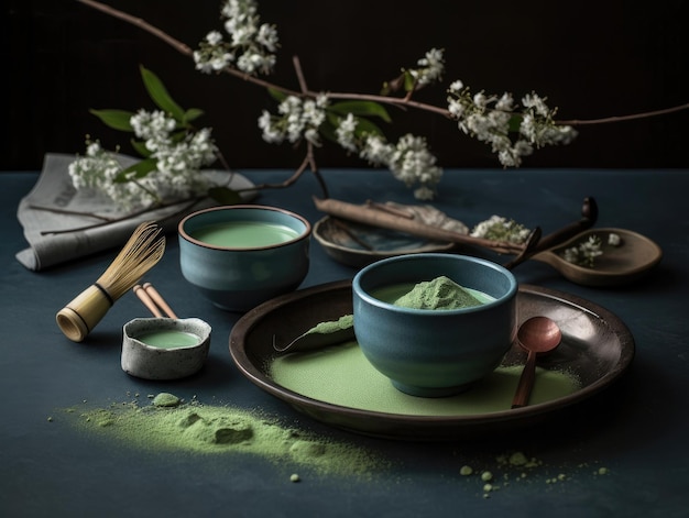 Organic matcha green tea ceremony on table Generative AI