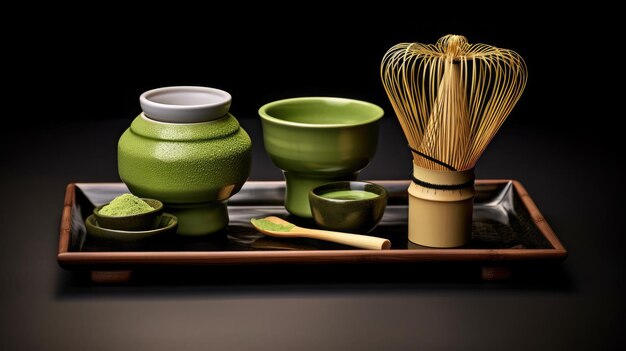 Organic matcha green tea ceremony on table with tea whisk