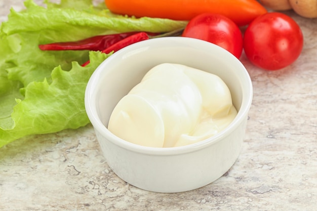 Organic mayonnaise sauce in the bowl