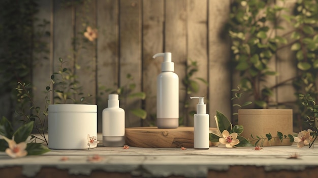 Photo organic and natural skincare products on wooden table