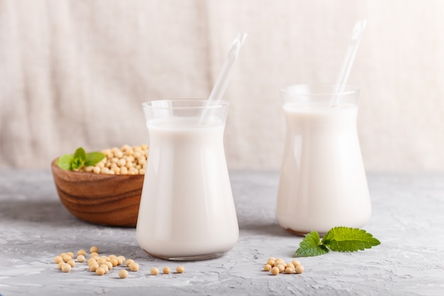 Latte di soia non caseario biologico in vetro e piatto di legno con semi di soia su un cemento grigio.