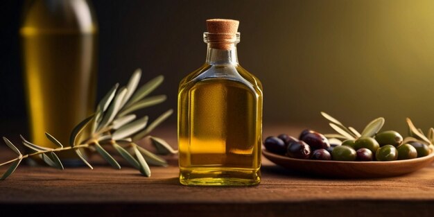 Органическое оливковое масло на столе натуральные продукты