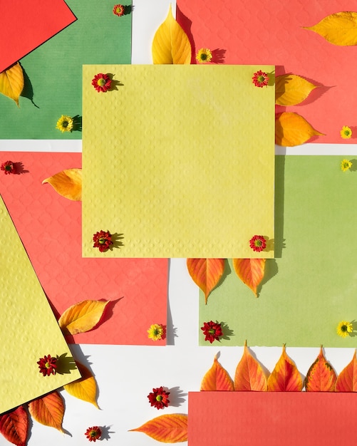 Foto forme di carta organica con foglie gialle autunnali e piccoli fiori di crisantemo.