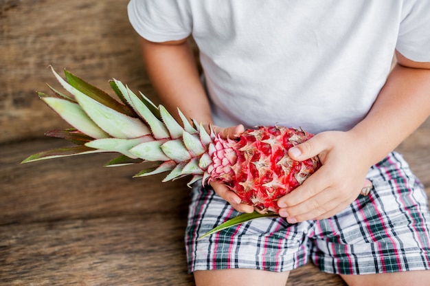 Organic pink pineapple in hands on the old wooden background