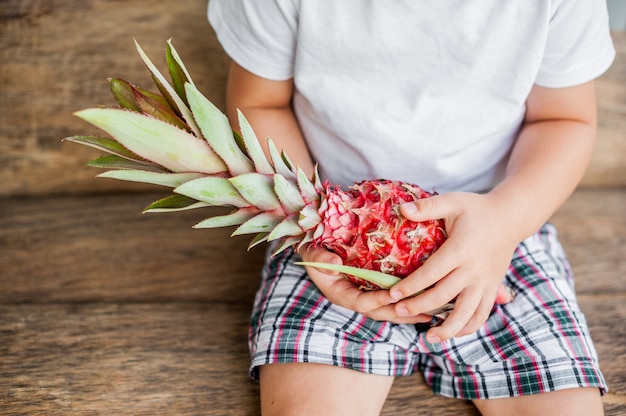 Organic pink pineapple in hands on the old wooden background