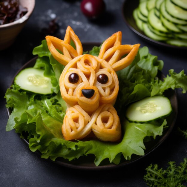 Organic Pop Art Pasta Rabbit On Plate With Lettuce And Cucumbers