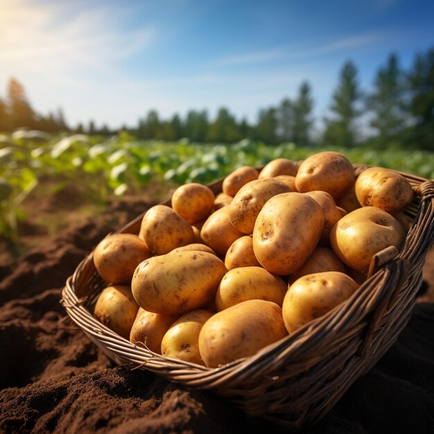 Photo organic potatoes in a basket freshly harvested on a sunny field for social media post size