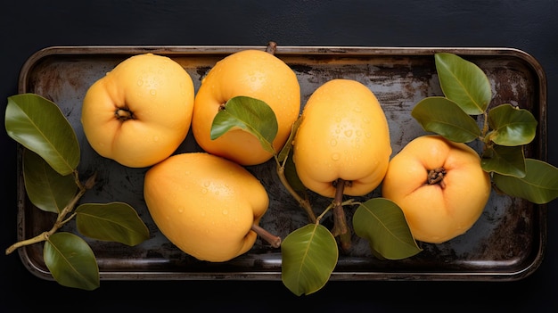 Organic quince on a metal tray