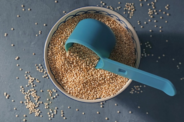 Organic quinoa seeds and scoop in bowl on dark background