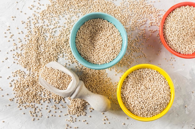 Organic quinua cereal in color bowl on white background