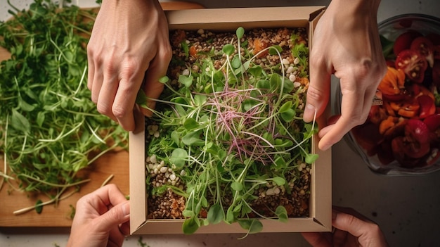 Foto donna di cibo crudo organico prendere un contenitore di microgreens