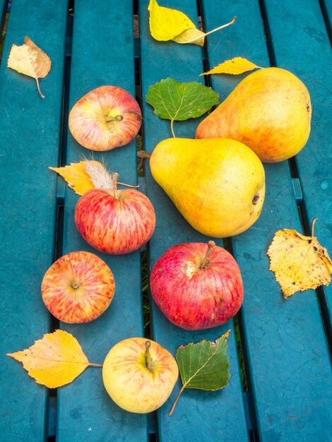 Органические красные яблоки и груши на пластиковом садовом столе осенний фон
