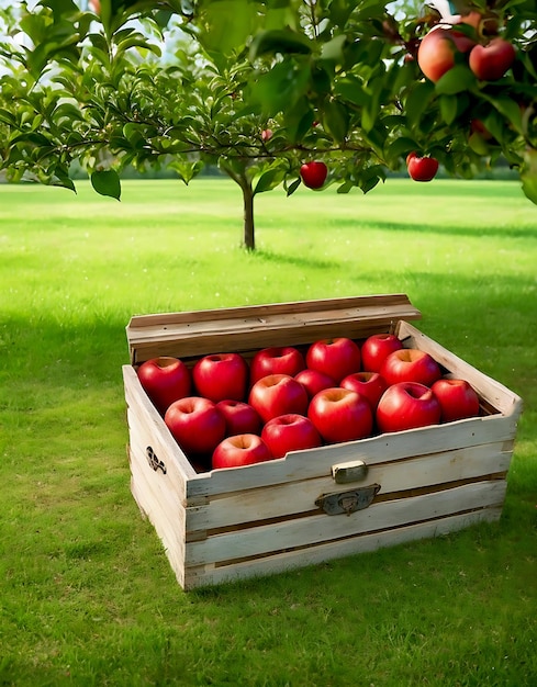 Organic red apples in a wooden box on the field