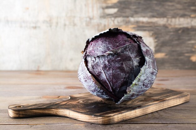 organic red cabbage on a cutting board