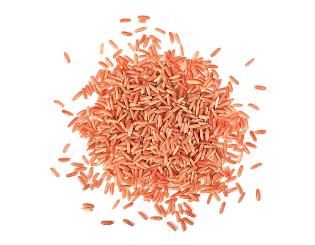 Organic Red Jasmine Rice on white background Top view