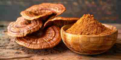 Photo organic reishi mushroom powder and dried ganoderma slices on wooden background