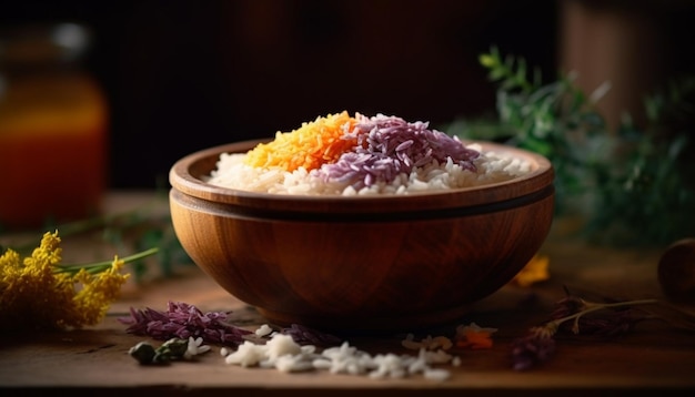 Чаша из органического риса со свежими фруктами — здоровая изысканная еда, созданная искусственным интеллектом