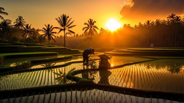 写真 夕暮れに収された有機米 バリの美しさ