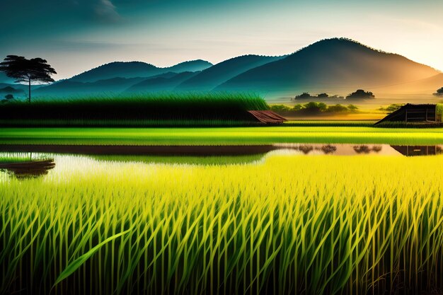 Organic rice in paddy field background