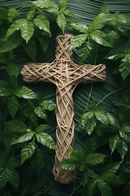 Photo organic sacred cross made of intertwining vines and adorned cross palm sunday photo christian art