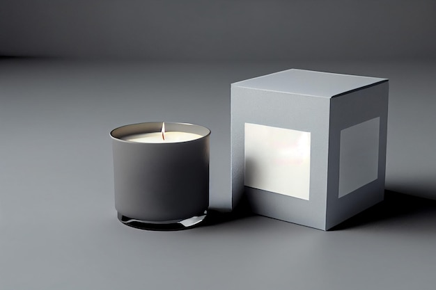Foto candela di soia profumata organica con scatola su tavolo grigio arredamento interno loft minimalismo concetto ai generato