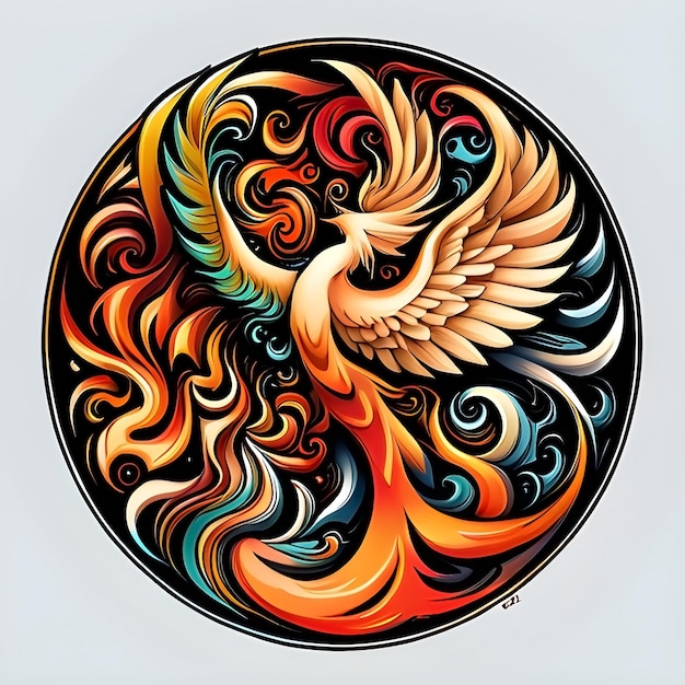 Organic shaped colorful phoenix bird tattoo design on circular frame