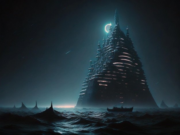 Organic skyscraper surreal futuristic night scene in the foggy sea with boat moon and lights