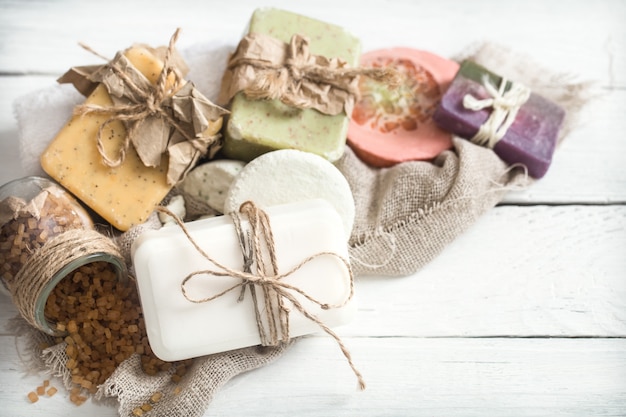 Organic soaps on wooden table